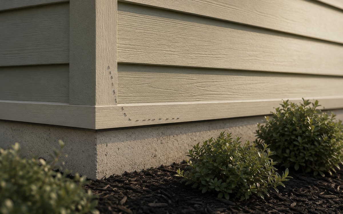 The base of a house where siding meets the concrete foundation